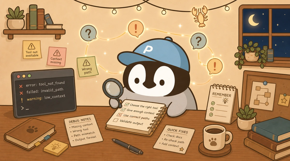 A little penguin uses a magnifying glass to inspect debug notes, error hints, and a pitfall checklist