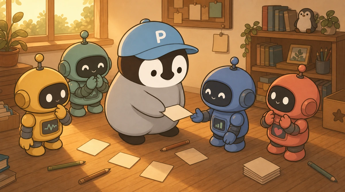 Penchan and four little robot friends with different personalities working on separate tasks