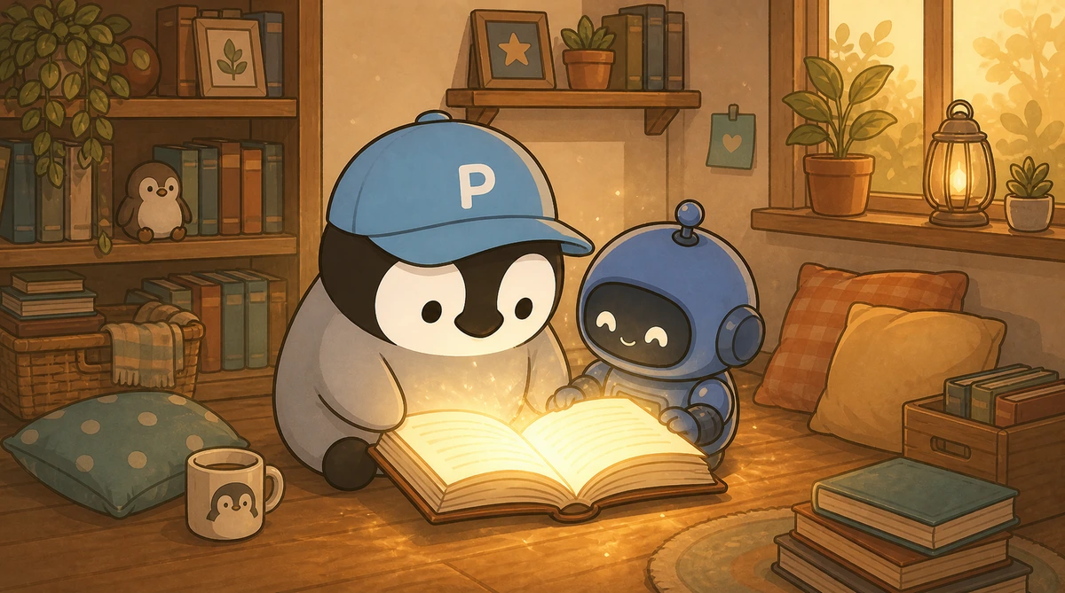 Penchan placing a shared memory notebook on the desk while little robots take turns reading it