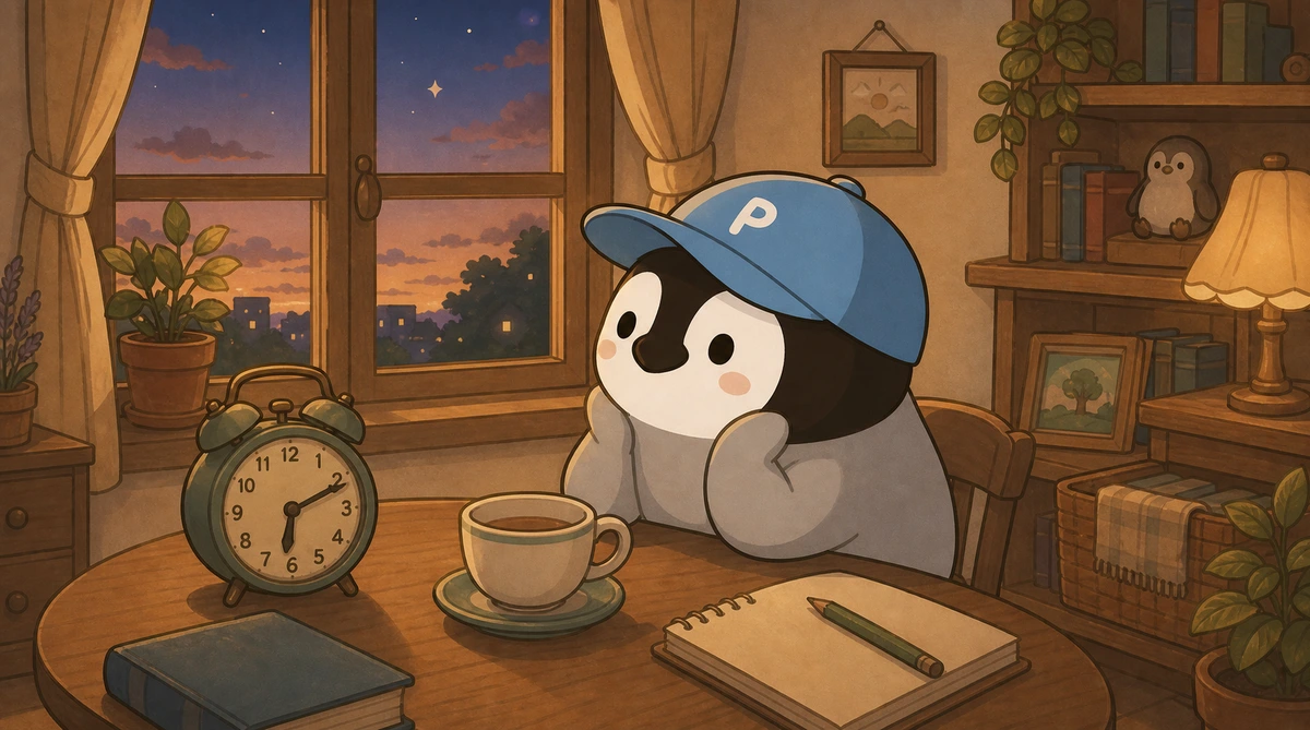Penchan collaborating with little robots in a warm studio, following the rhythm of a clock