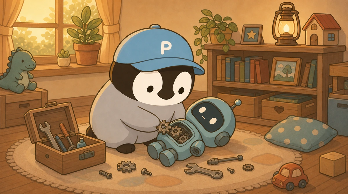 Penchan and little robots standing beside messy tools, looking back and organizing the pitfalls they hit