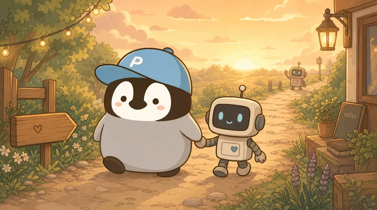 Penchan holding a little robot friend's hand while walking down an evening path